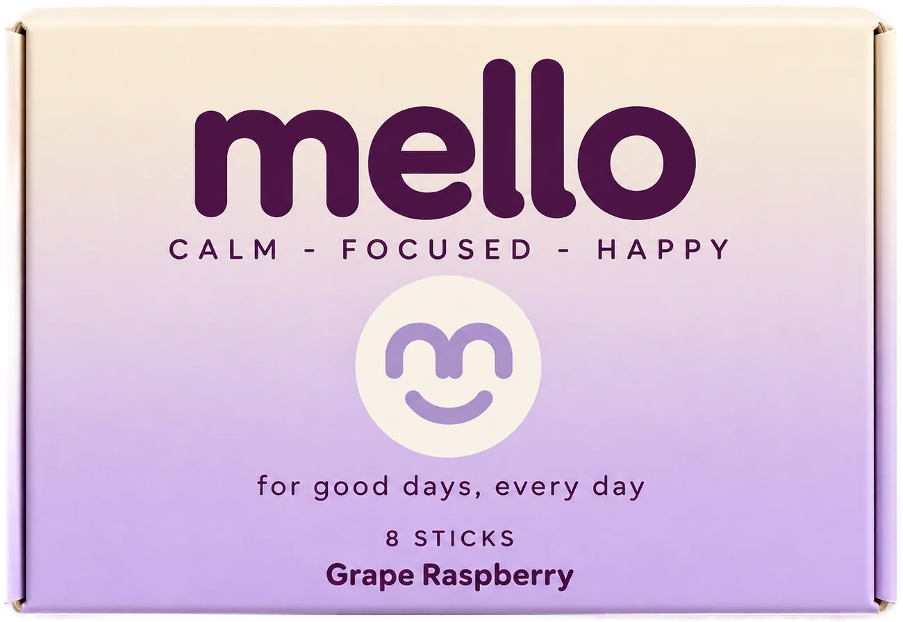 mello Grape Raspberry 8 count carton, soft lavender ombre with the mello wordmark and circular face mark