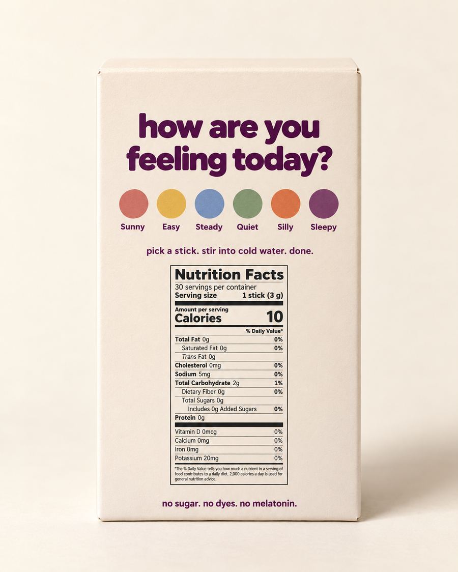 mello carton back panel showing the mood picker and Nutrition Facts panel