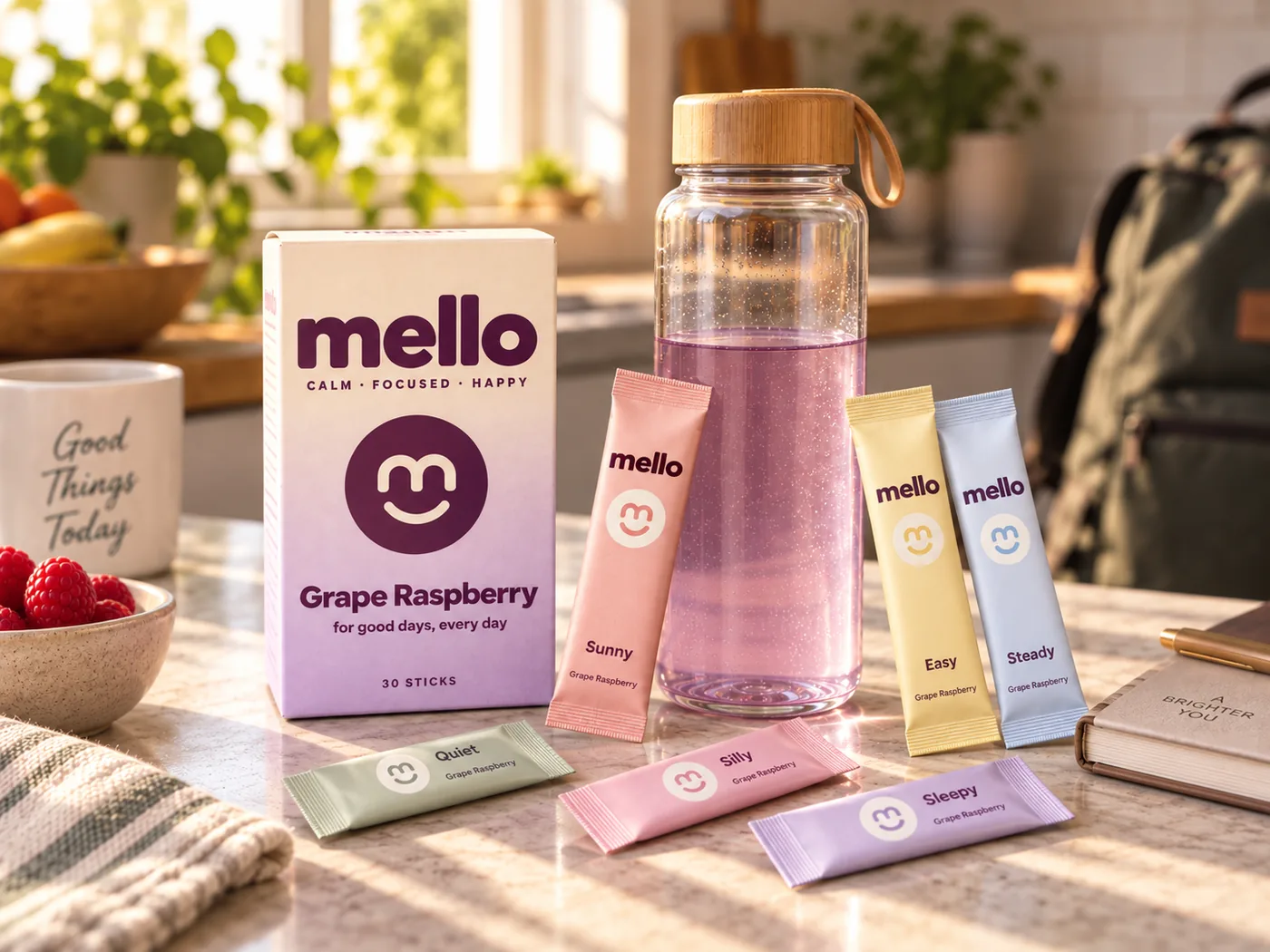 mello carton and an open Sunny stick beside a water bottle of pale purple water on a sunlit kitchen counter