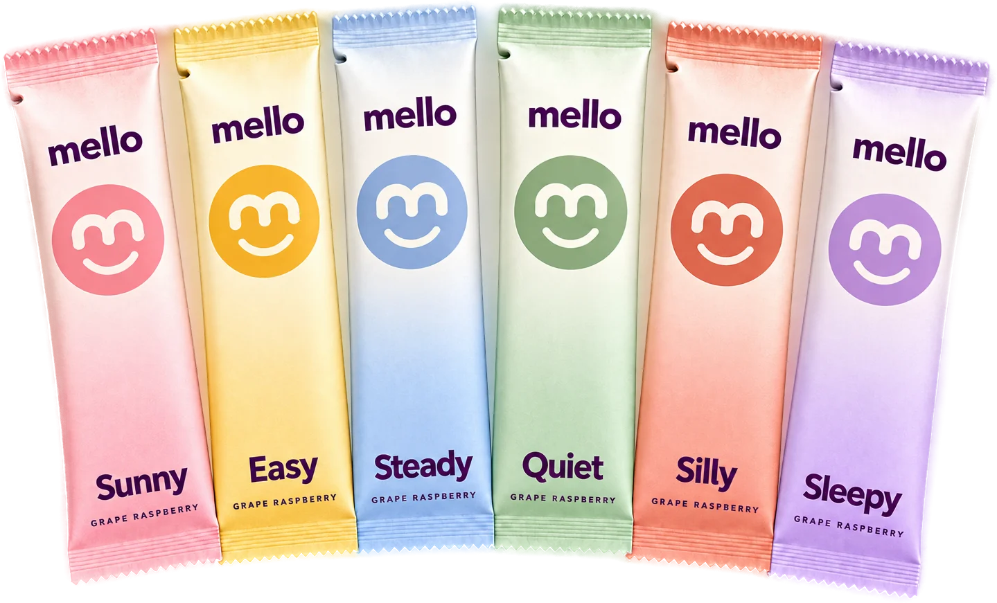 Six mello stick packs in soft pastel ombre, labeled Sunny, Easy, Steady, Quiet, Silly and Sleepy